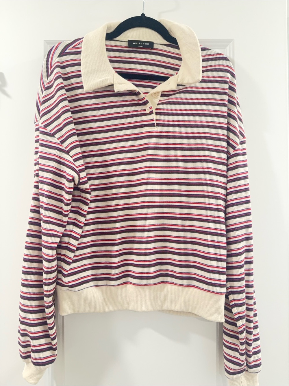 White Fox Boutique Cream, Burgundy & Navy Striped Polo Sweater